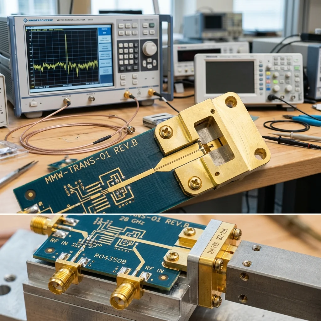 Microstrip-to-waveguide transition PCB assembly with WR-10 flange