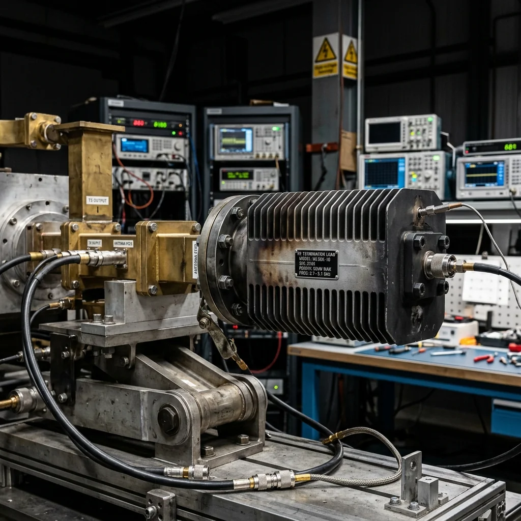 High power microwave dummy load attached to a waveguide in a testing environment