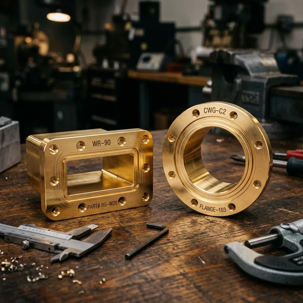 Rectangular and circular waveguide sections side by side on a machining bench