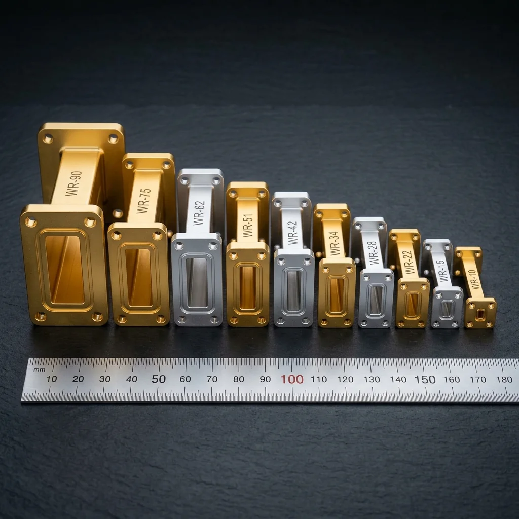Collection of various WR waveguide sizes arranged by size on a dark surface